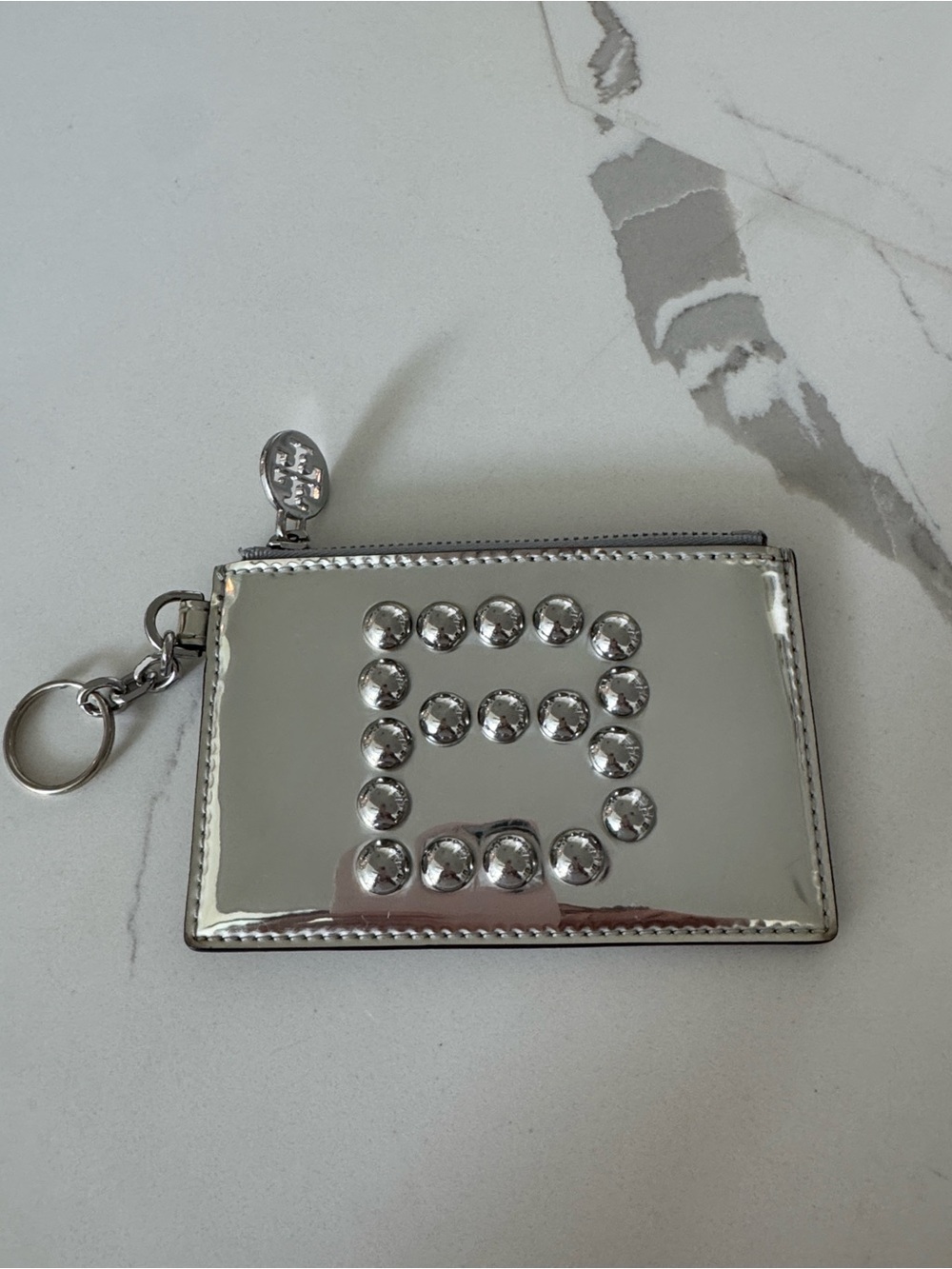 Tory Burch Silver Metallic “B” Studded Card Holder and Key Ring
